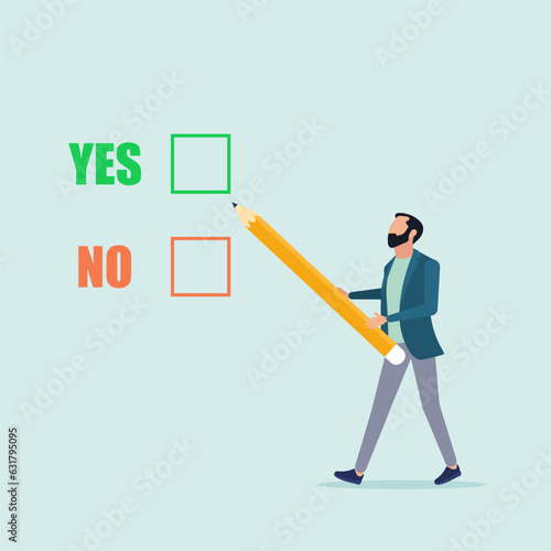 Compare a yes or no answer to a given question as a decision choice. business decision. The guy is holding a pencil. Flat vector illustration.
