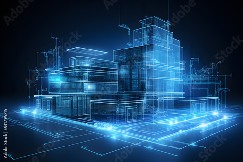 Abstract architectural 3D wireframe render of a modern building on blue background. Generative AI