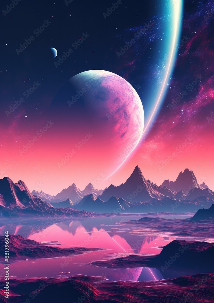 A planet in universe with other life , mountains and moon in pastel colors. Generative Ai.