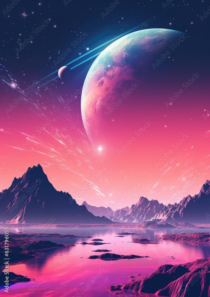 A planet in universe with other life , mountains and moon in pastel colors. Generative Ai. A planet in universe with other life , mountains and moon in pastel colors. Generative Ai.
