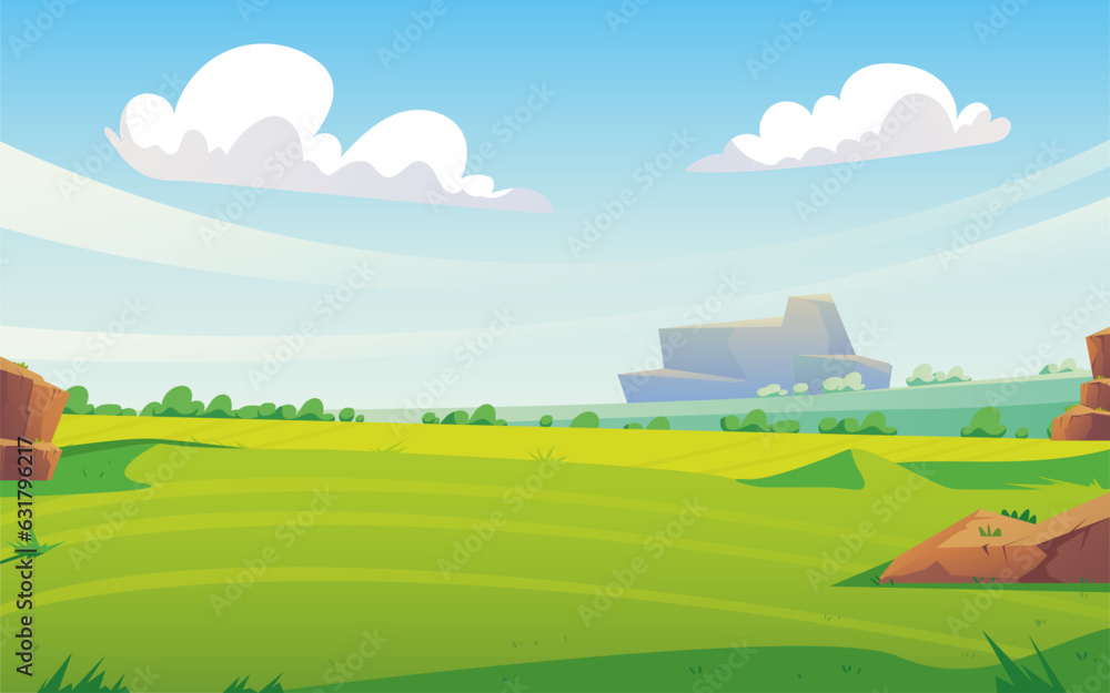 Green grass field hill farm background concept. Vector flat graphic design illustration