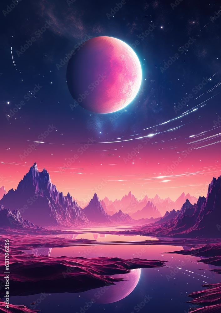 Fototapeta premium A planet in universe with other life , mountains and moon in pastel colors. Generative Ai.