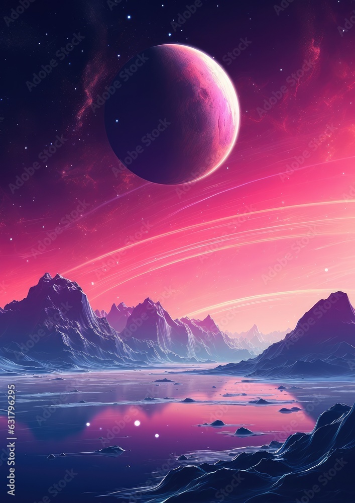 A planet in universe with other life , mountains and moon in pastel colors. Generative Ai. A planet in universe with other life , mountains and moon in pastel colors. Generative Ai.