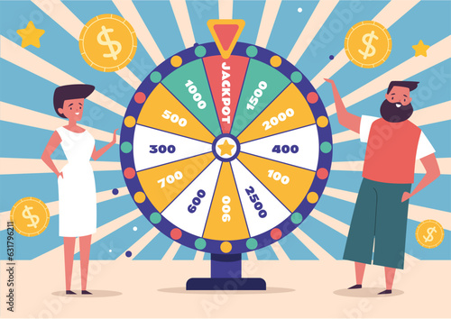 Lottery prize lucky wheel casino slot game concept. Vector flat graphic design illustration
