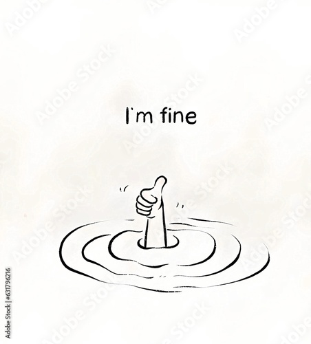 illustration of the man who drowned in the lake with the words i'm fine, drowning man making okay sign with hand
