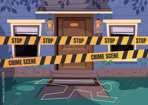 Crime scene home house door with yellow tape concept. Vector flat graphic design illustration