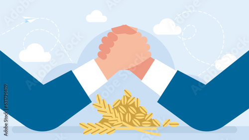 The struggle of corporations for grain. Businessmen compete for the wheat harvest. Business arm wrestling. Confronting the food crisis. Problem of food access to poor countries. Vector illustration