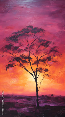 Oil painting of a sunset silhouette with warm colored background hd phone wallpaper ai generated