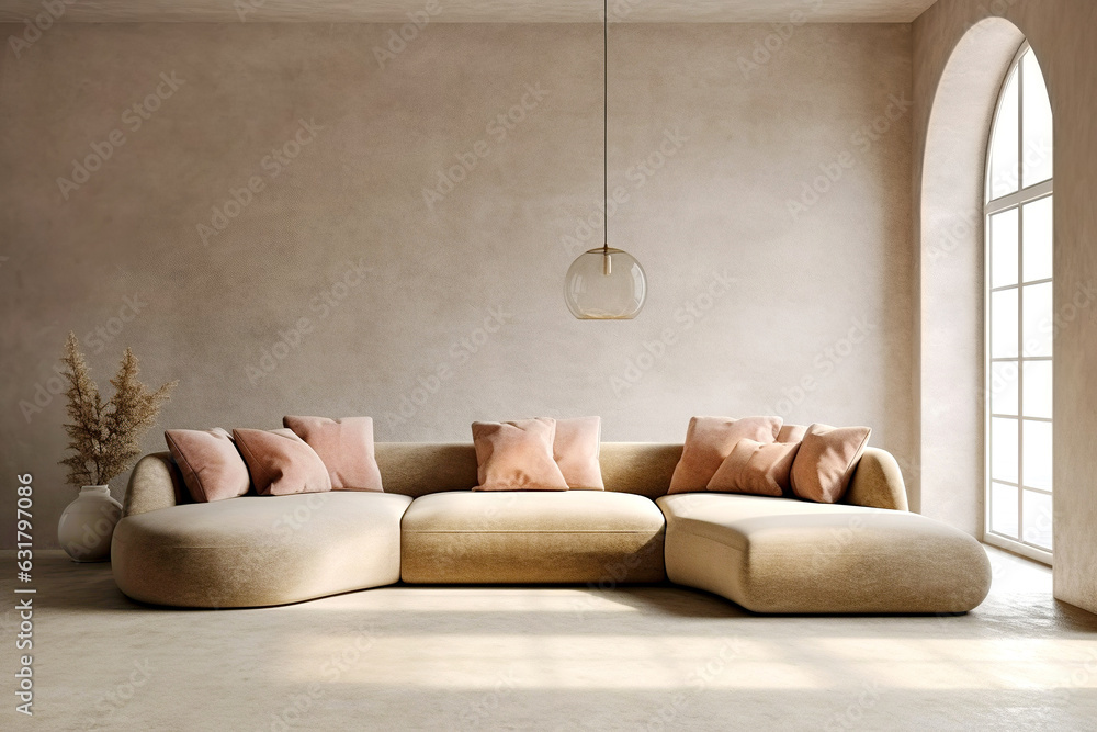 Fototapeta premium Loft home interior design of modern living room. beige sofa with terra cotta pillows against arched window near stucco wall with copy space.
