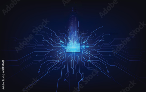 Abstract technology chip processor background circuit board and html code,3D illustration blue technology background vector..