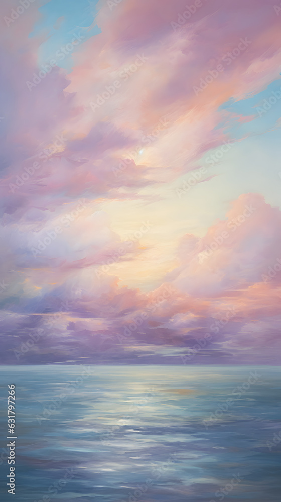 Fototapeta premium Oil color painting of wild wavy blue ocean with colorful pastel cloudscape hd phone wallpaper ai generated