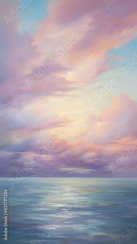 Oil color painting of wild wavy blue ocean with colorful pastel cloudscape hd phone wallpaper ai generated © Vectonessa