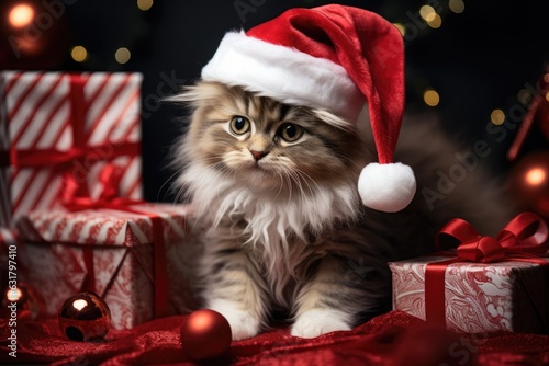 The cat is dressed like Santa Claus and wears red Santa hats. The Christmas tree and gifts can be seen in the background  photo