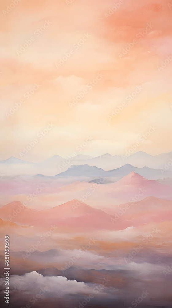 Oil color painting of pastel peach valley landscape cloudscape hd phone wallpaper ai generated