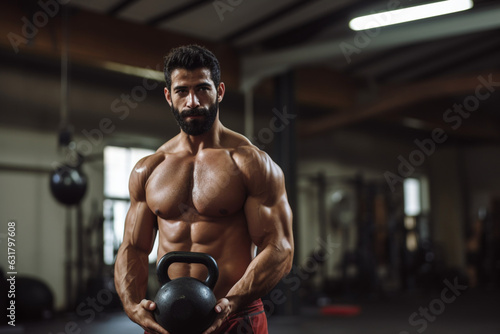 Unrecognizable fit hispanic man in gym working out with kettlebell