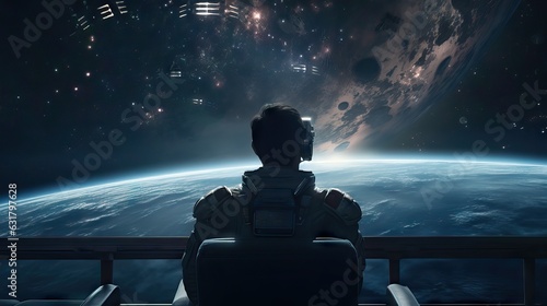 Fototapeta Naklejka Na Ścianę i Meble -  An image of an astronaut gazing into the vastness of outer space from a large spaceship window. Generative AI