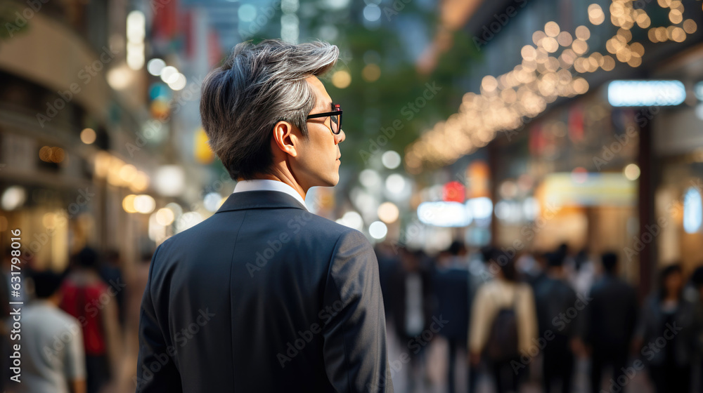 middle age of asian man walking in the street business district background. middle age of asian man walking in the street business district background.