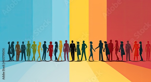 Colorful silhouettes of a diverse and multicultural community. Illustration of a multiethnic group of people.