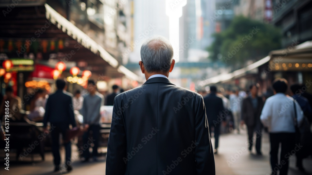 backside of senoir man walking in the street business district background. backside of senoir man walking in the street business district background.