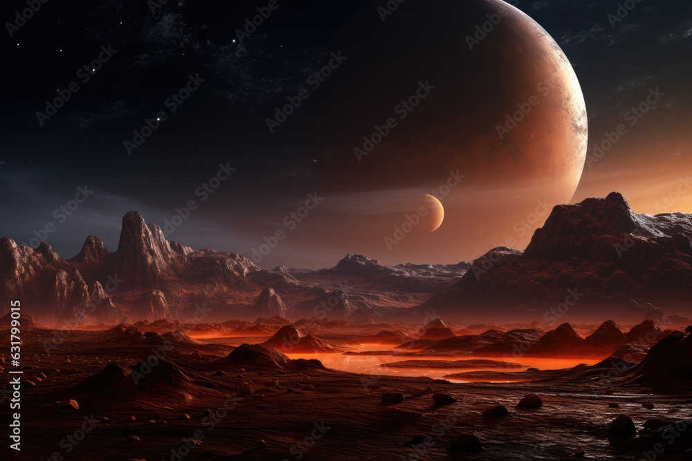 Obraz premium Landscape scenery in space on Mars with universe an other life background. Generative Ai.