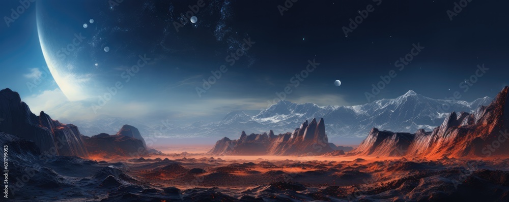 Landscape scenery in space on Mars with universe an other life, panorama. Generative Ai.