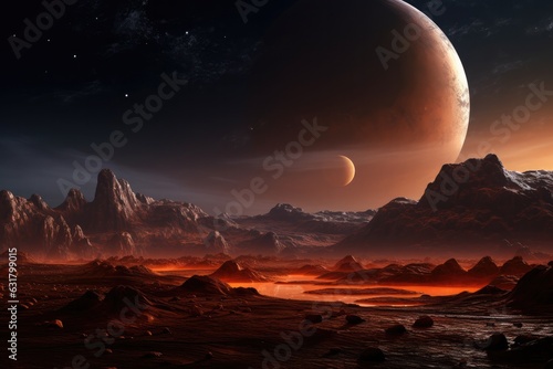 Landscape scenery in space on Mars with universe an other life background. Generative Ai.