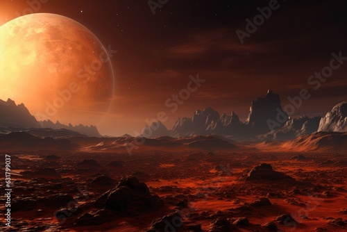 Landscape scenery in space on Mars with universe an other life  background. Generative Ai.