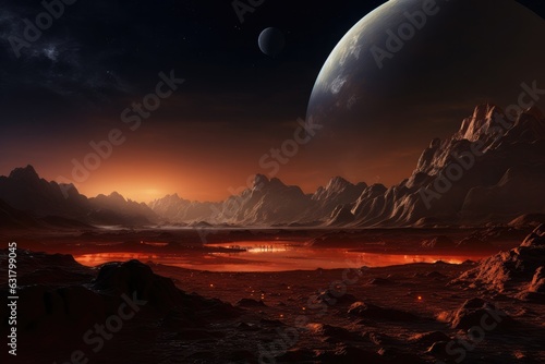 Landscape scenery in space on Mars with universe an other life  background. Generative Ai.