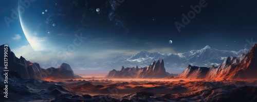 Landscape scenery in space on Mars with universe an other life  panorama. Generative Ai.