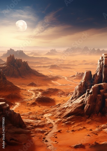 Landscape scenery in space on Mars with universe an other life  background. Generative Ai.
