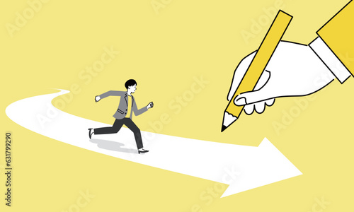 鉛筆で描かれた矢印とその上を走る女性ビジネスマンのイラスト、ベクター