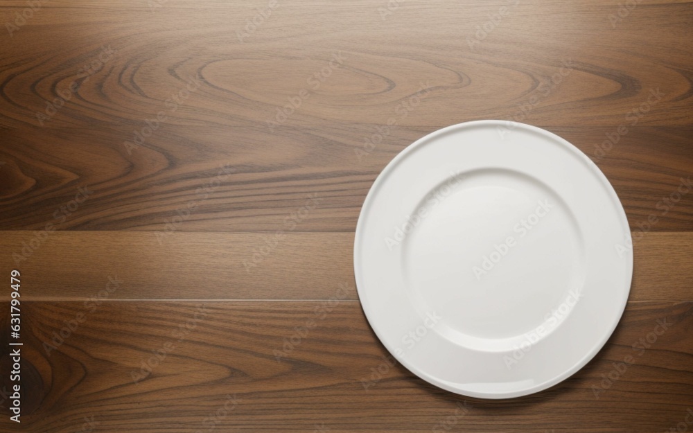 white plate seen from above on wooden table white plate seen from above on wooden table