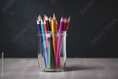 Glass of colored pencils on the table on dark background with copy space
