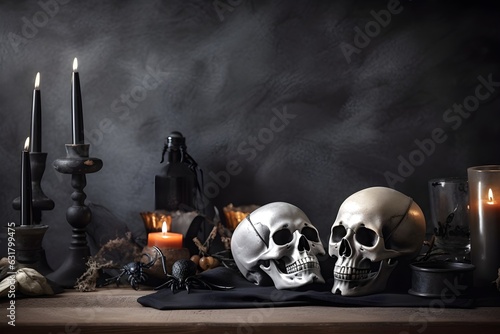 Entourage and decoration for Halloween. Skulls, candles, spiders on black background with copy space.