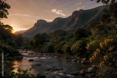 ULTRA Resolution - Stunning landscape with stunning sunset, reflecting water and green trees, clouds, mountains, wooden huts, flowers, sun rays