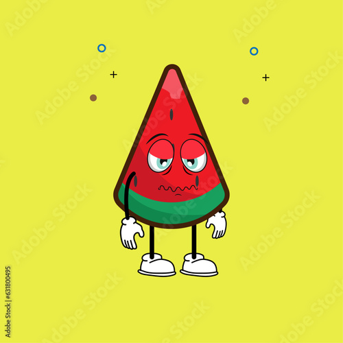 Cute watermelon fruit character with a lethargic and uninspired face