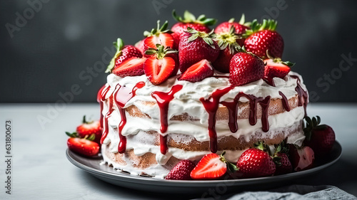 Strawberry cake with wrapped cream and fresh strawberries on a dark background. Generative AI technology.