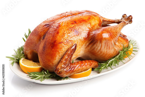 A mouthwatering baked turkey for Thanksgiving on white background