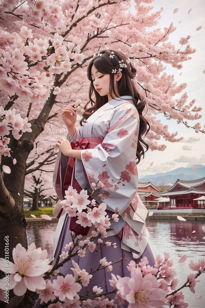 Girl in kimono in cherry blossom. Girl in kimono in cherry blossom.