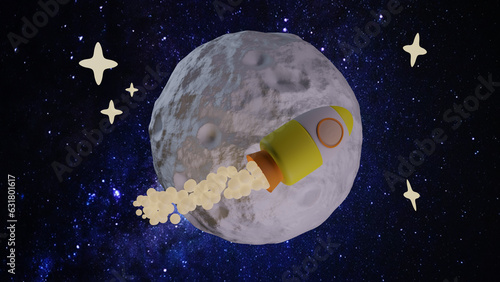 A rocket flying around the moon with the Milky Way in the background. Image 3D rendering. photo