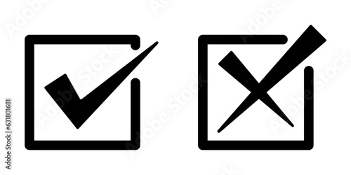 Right wrong symbol icon in square cut effect. Right, Wrong, Exclamation mark color. Vector set of flat box check mark, X mark icons, exclamation Checkmark, exclamation square sign, X mark in black