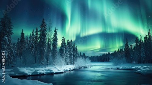 Northern Lights in a snowy landscape, Generated AI © Chetiwat