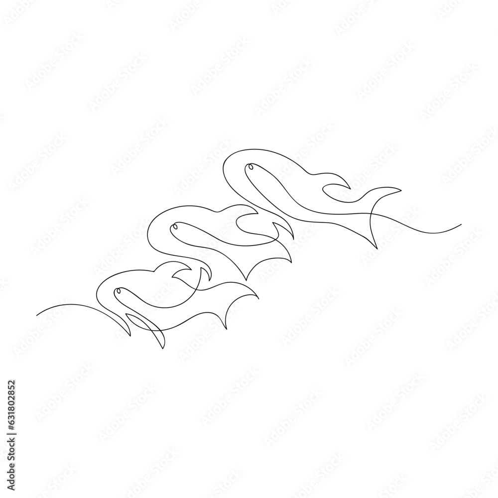 Fototapeta premium School of fish drawn by one line. Sketch. Continuous line drawing sea animals. Hand drawn vector illustration.