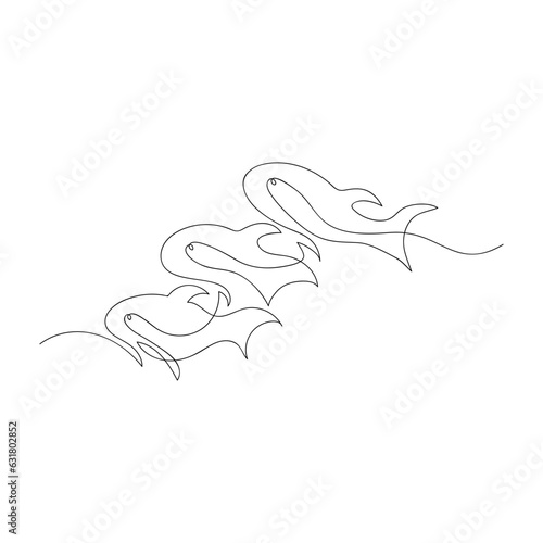 School of fish drawn by one line. Sketch. Continuous line drawing sea animals. Hand drawn vector illustration.
