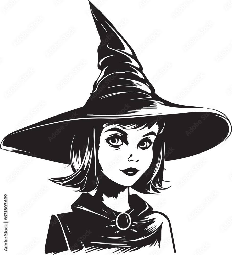 Halloween Little Girl in a witch hat, Vintage Girl head, Halloween Vector illustration, SVG