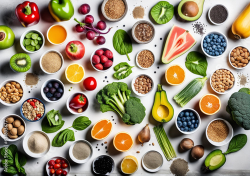 Assortment of Nutritious Foods on a White Concrete Background Fruits, Vegetables, Seeds, Superfoods, Whole Grains, and Leafy Greens.
