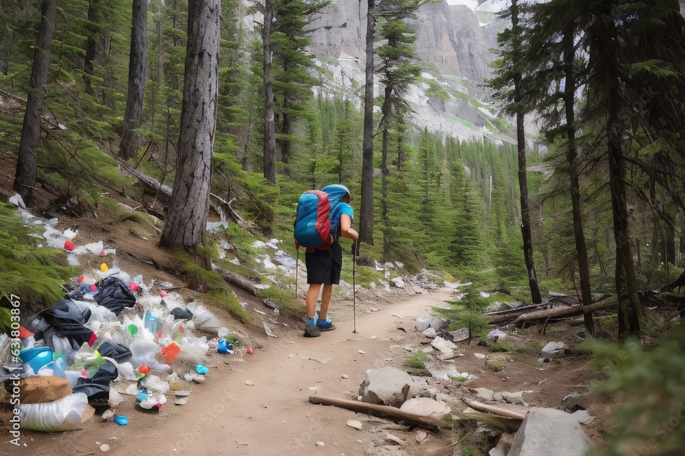 Obraz premium environmental problem, plastic garbage in the mountains and forest on the path where the tourist walks