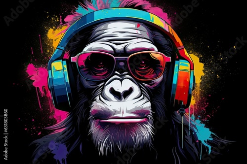 Popart monkey with sunglasses and headphones, colourful and unique