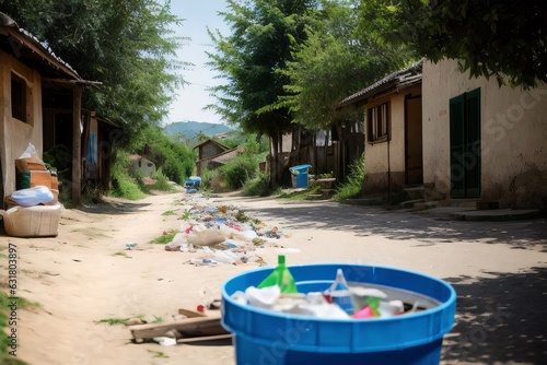 environmental problem, plastic garbage on the streets of a settlement in a third world country