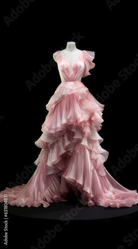 Vintage tulle pink chiffon dress on a female mannequin with dark background. Romantic retro fashion composition. Generative AI.